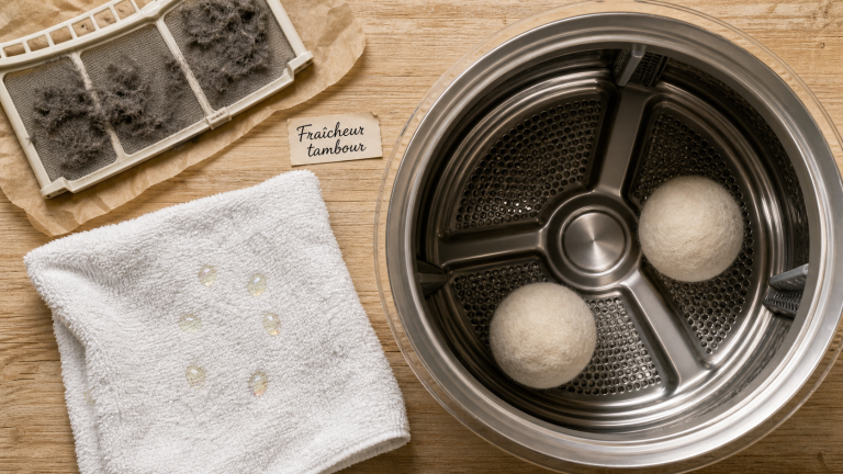 Astuce bonne odeur sèche-linge : balles de laine et gouttes d’huile essentielle pour linge parfumé