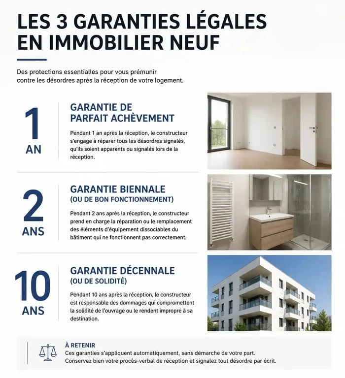 Infographie des garanties légales en immobilier neuf : GPA, biennale et décennale pour les malfaçons chez Les Nouveaux Constructeurs