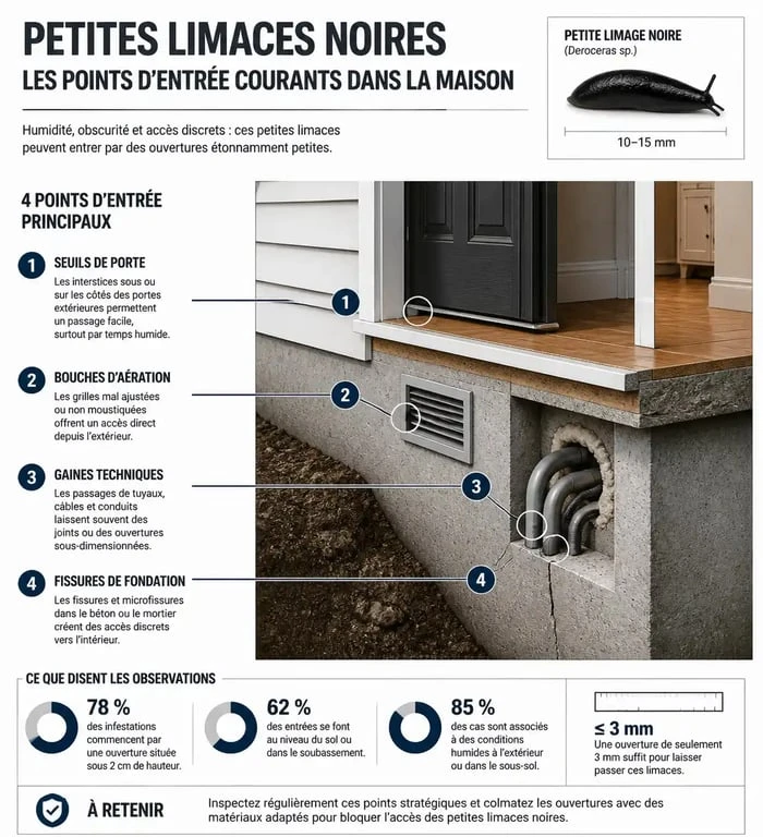 Schéma des points d'entrée des petites limaces noires dans une maison