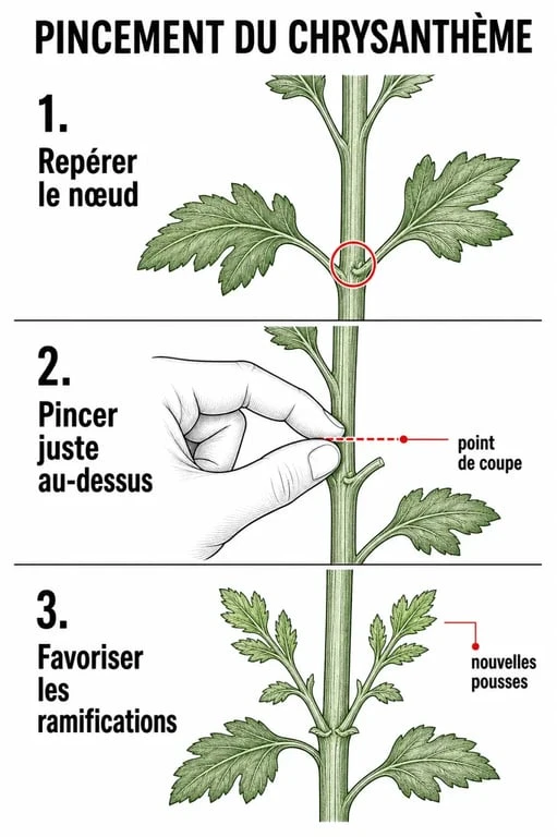 Illustration technique montrant la méthode de pincement pour la taille du chrysanthème