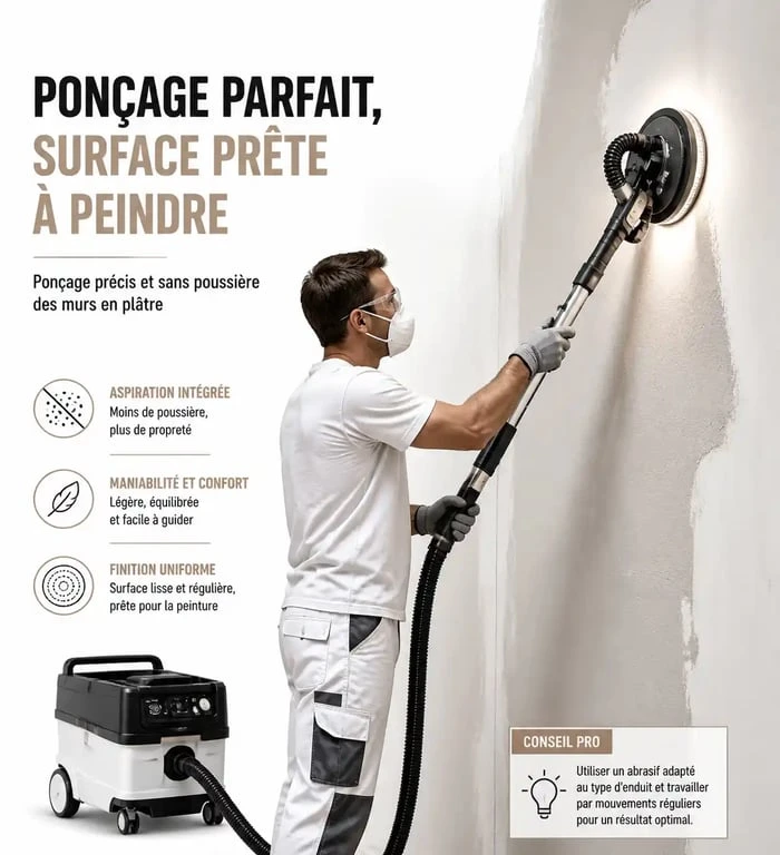 Artisan utilisant une ponceuse girafe pour poncer du MAP sur un mur en plâtre