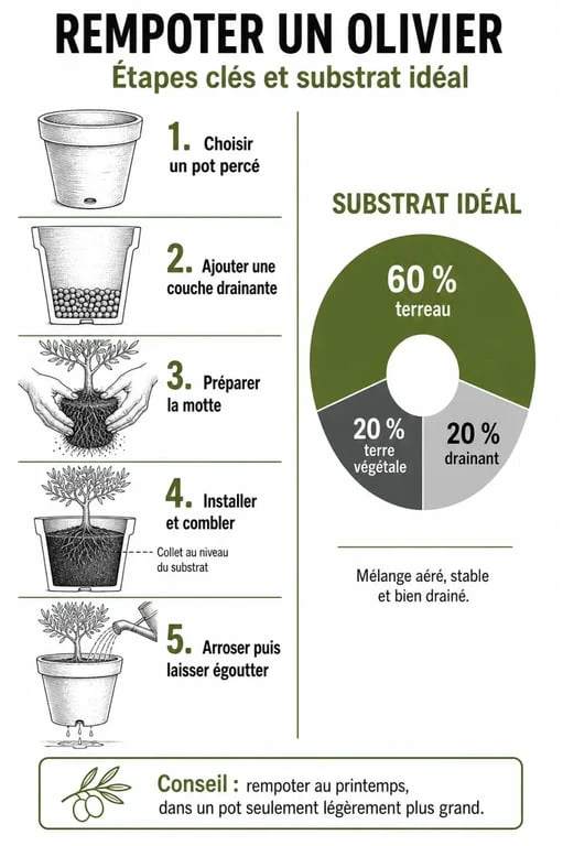Infographie sur le rempotage de l'olivier et la composition du substrat