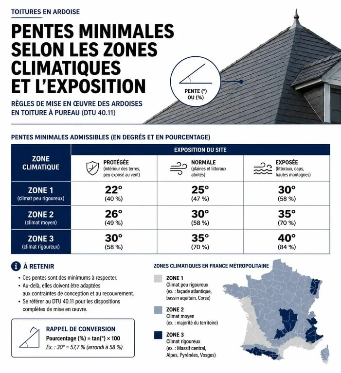 Infographie des pentes minimales pour toiture en ardoise selon le DTU 40.11