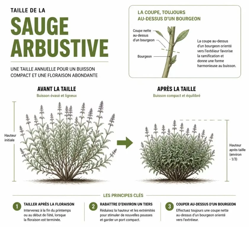 Schéma illustrant la technique de taille des sauges arbustives pour une croissance optimale