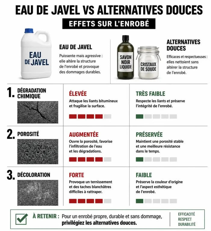 Infographie comparative des méthodes de nettoyage pour enrobé : pourquoi éviter l'eau de javel sur enrobé