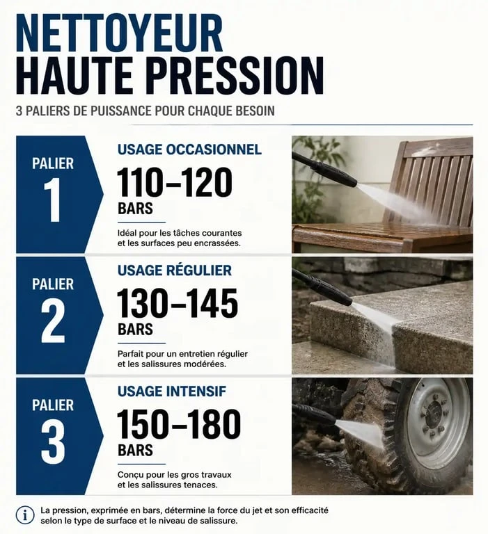 Infographie comparative de la puissance idéale pour un Karcher selon l'usage et la surface à nettoyer