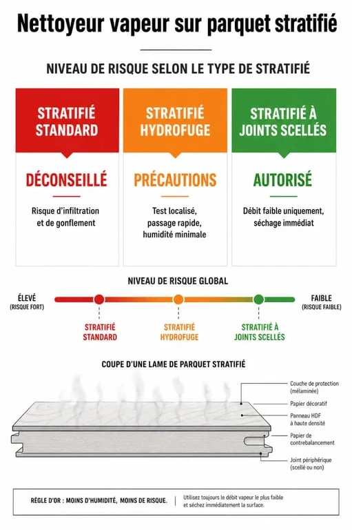 Infographie sur la compatibilité du nettoyeur vapeur sur parquet stratifié : risques et précautions