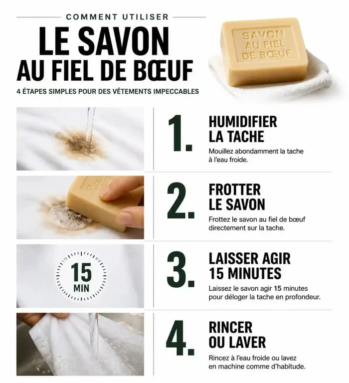 Étapes d'utilisation du savon au fiel de bœuf pour détacher le linge