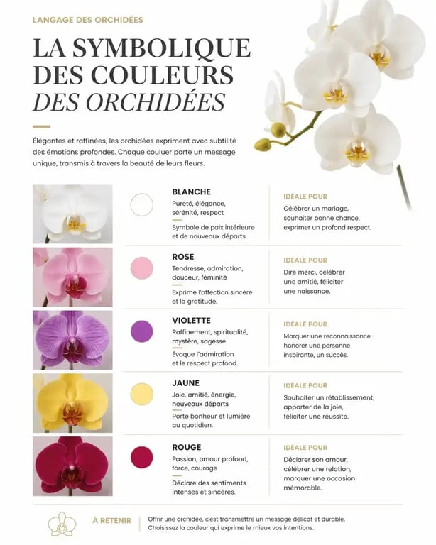 Infographie sur la symbolique et la signification des couleurs des orchidées pour offrir en cadeau