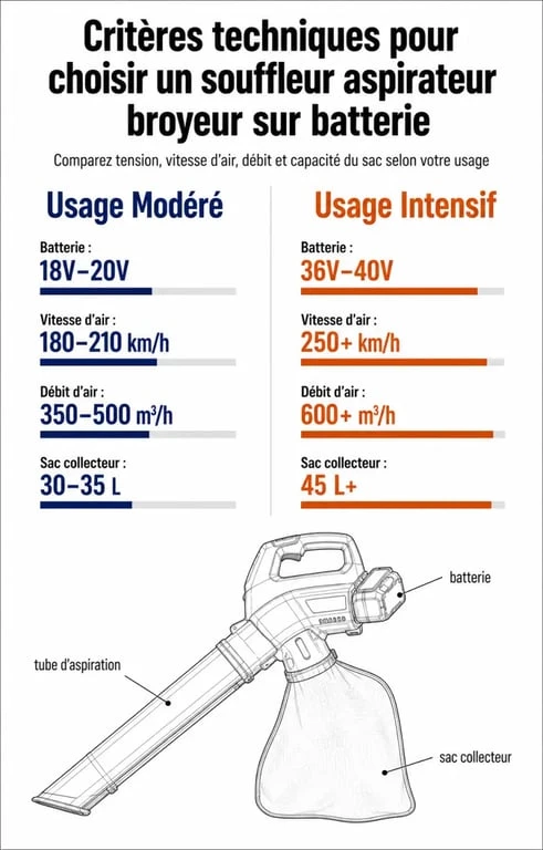 Tableau comparatif des critères techniques pour choisir le meilleur aspirateur souffleur broyeur sur batterie