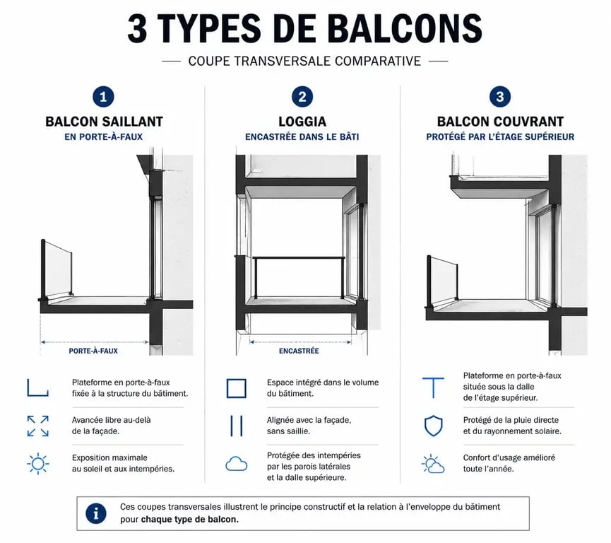 Schéma comparatif des types de balcons : balcon saillant, loggia et balcon couvrant pour comprendre les différences architecturales.