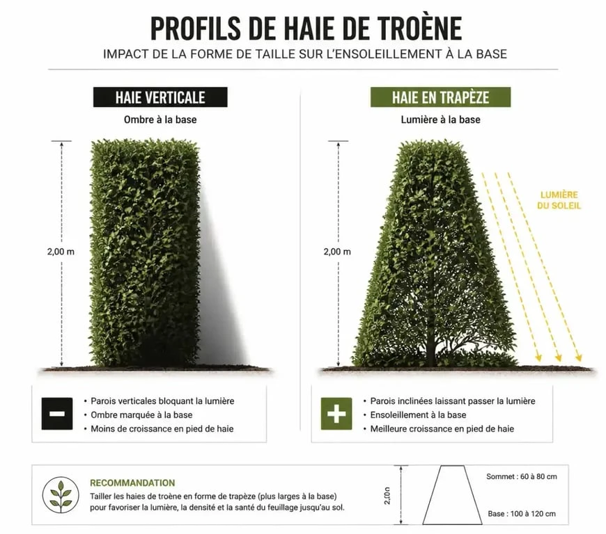 Schéma de taille en trapèze pour densifier une haie de troène dégarnie en bas