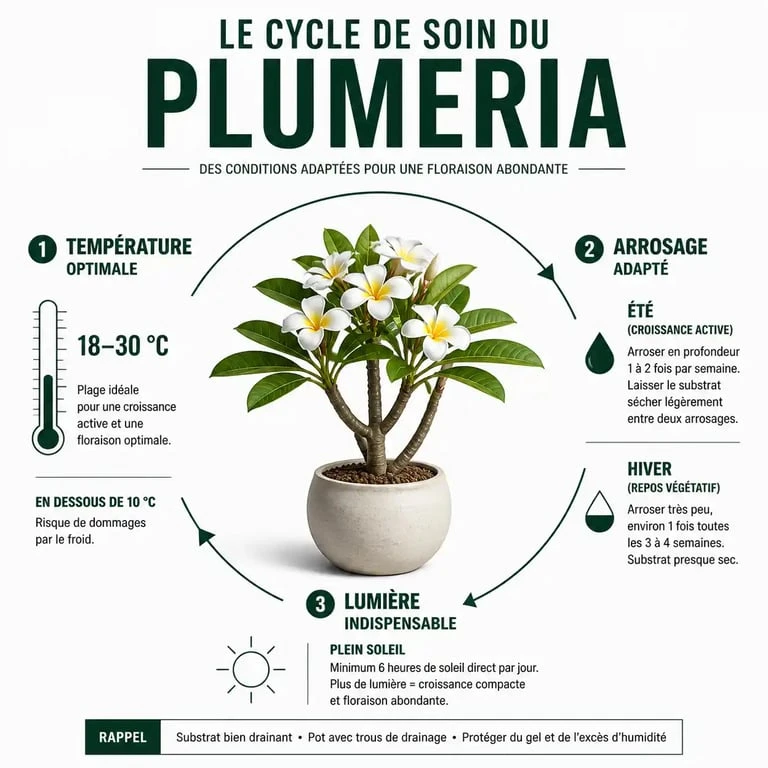 Infographie sur les conseils de culture et d'entretien des fleurs de frangipanier en pot