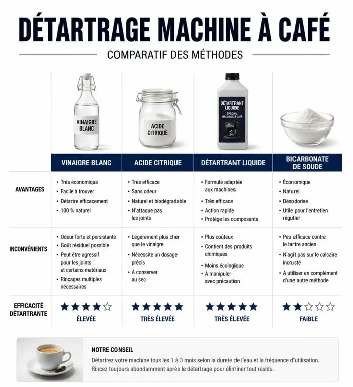 Tableau comparatif des méthodes pour détartrer une machine à café : vinaigre, acide citrique et produits spécialisés.