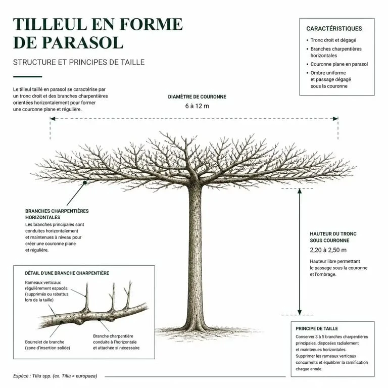 Schéma explicatif pour tailler un tilleul en parasol