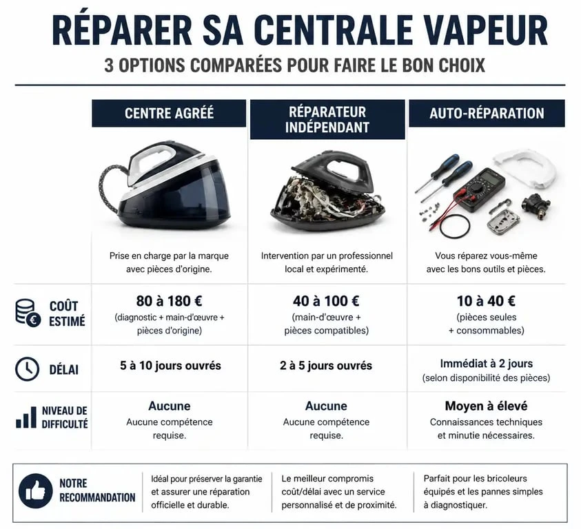 Comparatif des options pour faire réparer sa centrale vapeur : coût, délai et difficulté