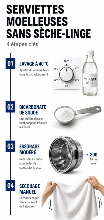 Infographie des étapes pour avoir des serviettes de toilette moelleuses sans sèche-linge