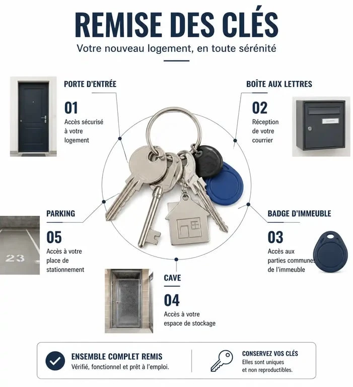 Infographie récapitulative des clés à remettre lors d'une location : combien de jeux de clés doit donner un propriétaire pour les accès au logement.