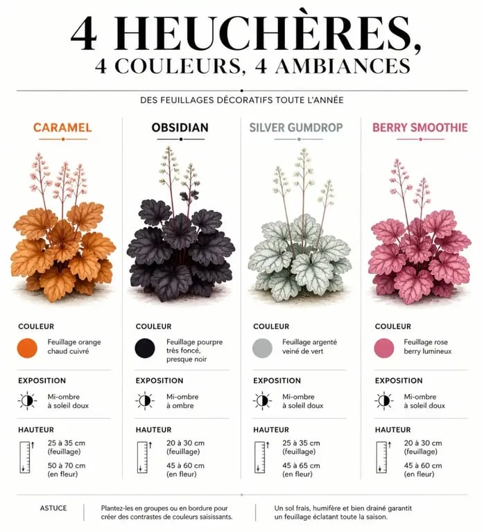 Infographie comparative des plus belles variétés d'heuchères pour le jardin