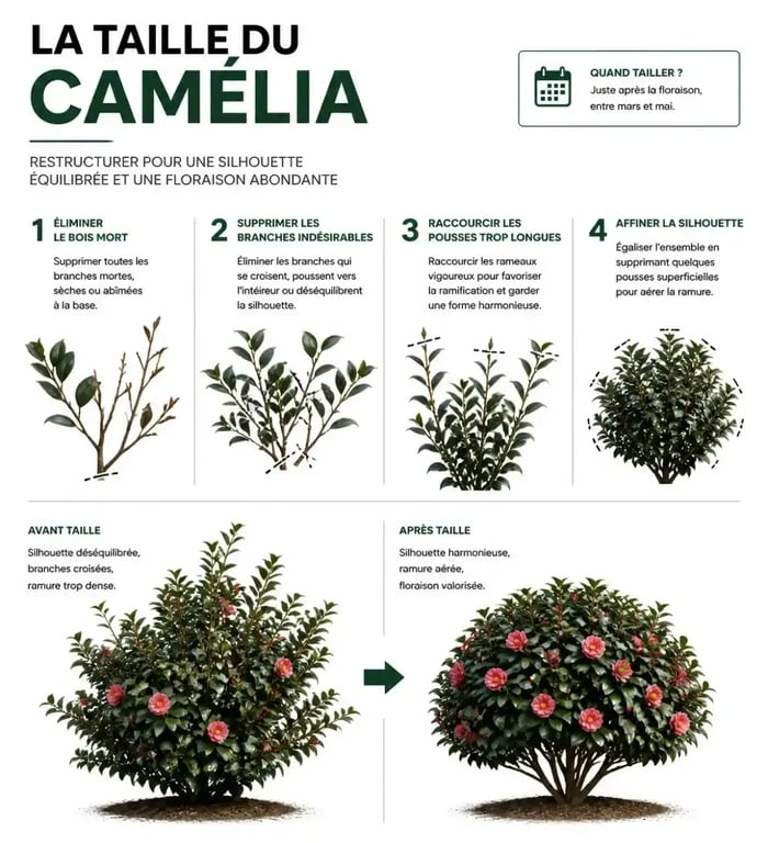 Illustration des étapes pour savoir quand tailler son camélia et comment le restructurer