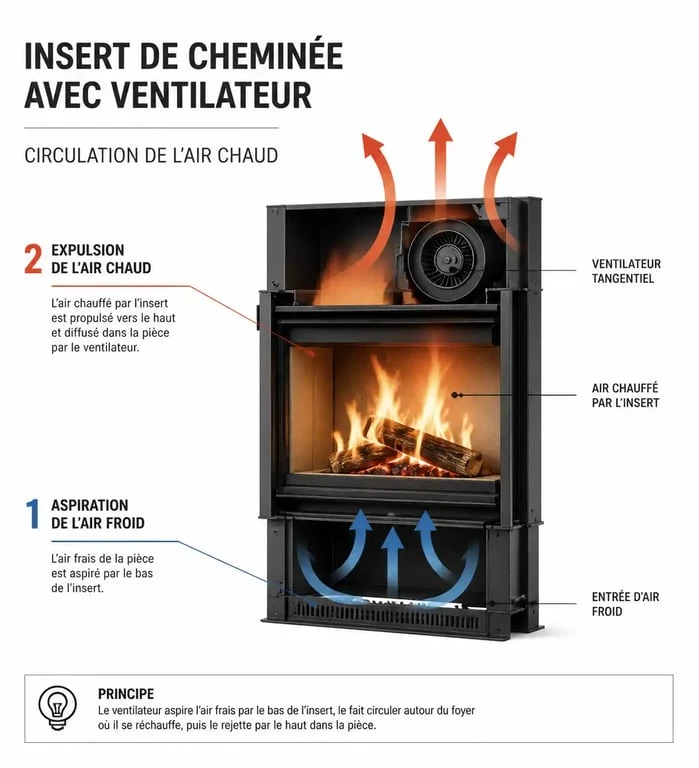 Schéma du fonctionnement d'un insert avec ventilateur montrant le flux d'air chaud