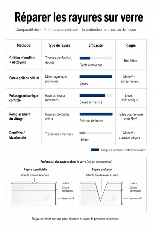 Tableau comparatif des méthodes pour enlever une rayure profonde sur du verre