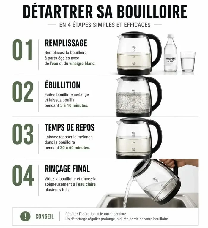 Infographie expliquant comment nettoyer une bouilloire étape par étape pour éliminer le calcaire