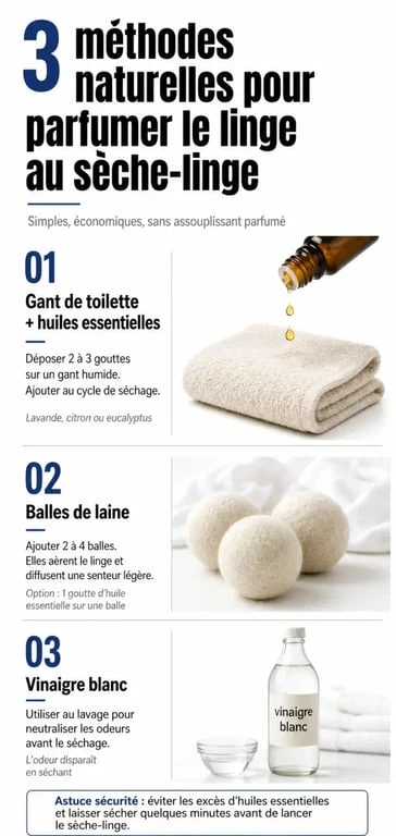 Astuces naturelles pour une bonne odeur dans le sèche-linge : gant aux huiles essentielles, balles de laine et vinaigre blanc.