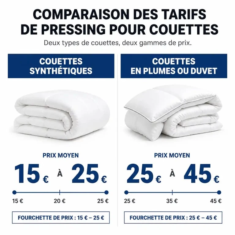 Infographie comparative des prix de pressing pour couettes synthétiques et en plumes selon la taille