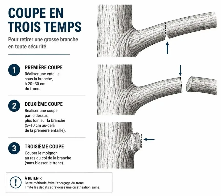 Schéma illustrant la technique de la coupe en trois temps pour la taille d'un saule pleureur