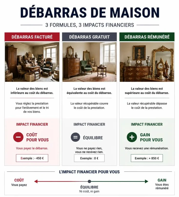 Infographie des trois types de prestations pour un vide maison à Tarbes : facturé, gratuit ou rémunéré