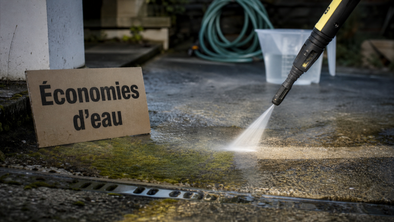 karcher consommation eau : jet haute pression sur terrasse avec flaque d’eau