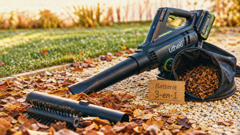 Meilleur aspirateur souffleur broyeur sur batterie 3-en-1, feuilles broyées