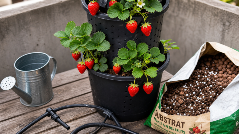 Plantation fraisier en hauteur : tour à fraisiers avec goutte-à-goutte