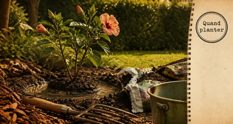 Quand planter un hibiscus en pleine terre : jeune hibiscus en pleine terre, paillage et compost