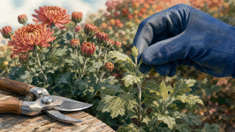 Taille du chrysanthème : le geste à 15 cm pour doubler vos fleurs d’automne Taille chrysanthème à 15 cm avec sécateur désinfecté pour plus de fleurs