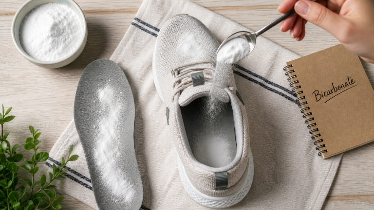 Bicarbonate de soude chaussure dans une basket, vue de dessus, méthode une nuit
