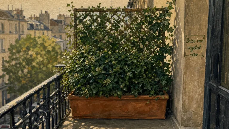 Balcon, terrasse, jardin : quelle plante brise-vue choisir pour votre vis-à-vis ? Brise vue plante : laurier-tin et lierre sur balcon contre le vis-à-vis