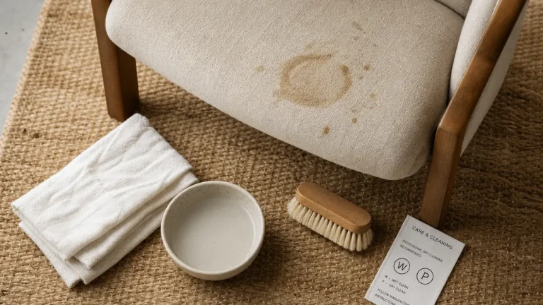 Nettoyer une chaise en tissu sans l’abîmer : étiquette, taches et erreurs à éviter Comment nettoyer chaises en tissu : tache café sur chaise beige, étiquette d’entretien visible