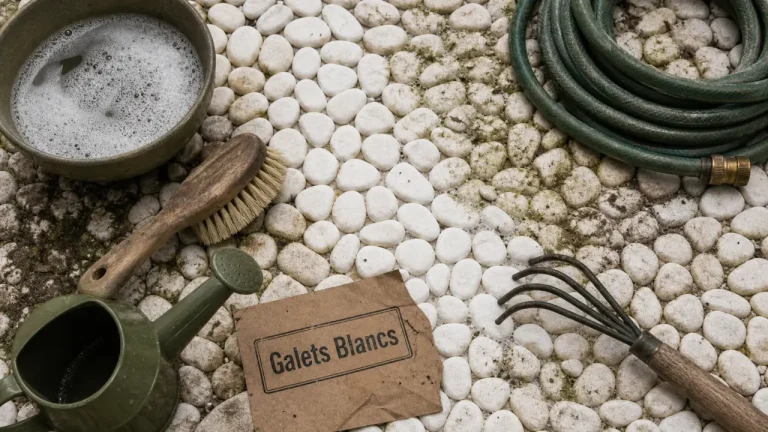 Galets blancs verts, jaunis ou tachés : les méthodes douces pour les nettoyer Comment nettoyer des galets blancs tachés, verts ou jaunis avec méthodes douces