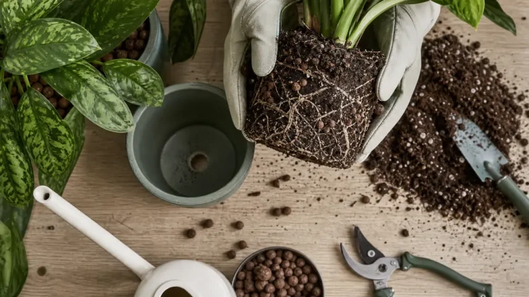Rempoter une plante d’intérieur sans l’étouffer : le bon pot, le bon terreau, le bon drainage Comment rempoter une plante d'intérieur : bon pot, terreau et drainage visibles