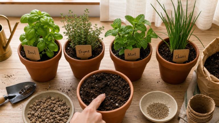 Cultiver des aromatiques en pot sur balcon : basilic, thym, menthe, ciboulette
