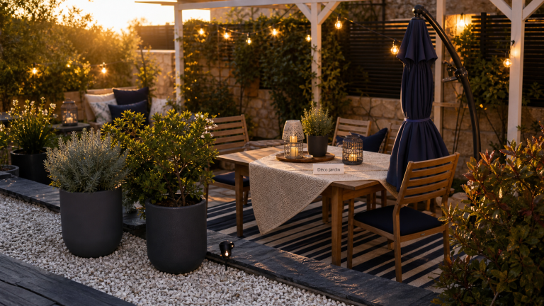 Déco jardin extérieur : lanternes et guirlande pour éclairer la terrasse