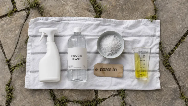 Dosage désherbant vinaigre sel liquide vaisselle : flacon, sel et liquide vaisselle sur terrasse
