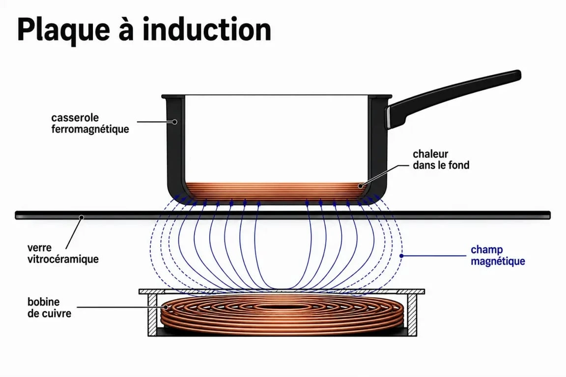 Fonctionnement plaque induction : schéma simplifié d’une bobine, d’un champ magnétique et d’une casserole compatible