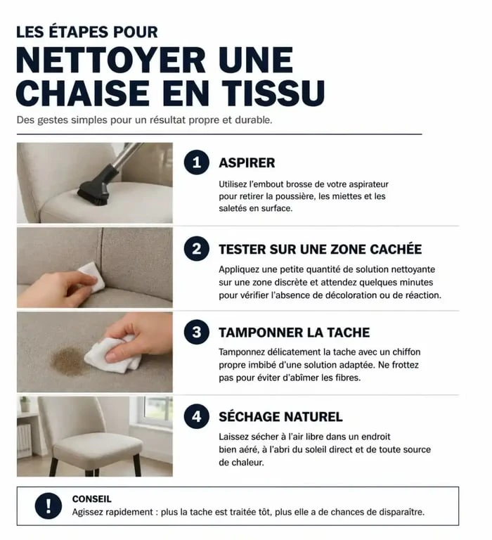 Infographie des étapes pour nettoyer une chaise en tissu sans l'abîmer