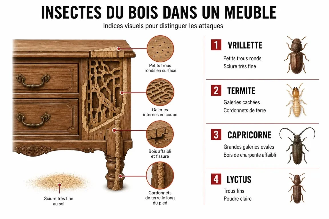 Mites bois meuble : comparaison visuelle des signes de vrillette, termite, capricorne et lyctus