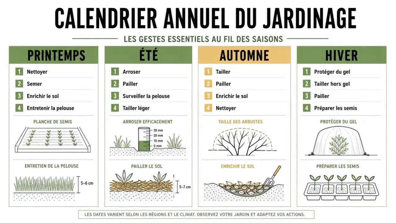 Entretenir son jardin au fil des saisons : calendrier visuel des tâches de printemps, été, automne et hiver