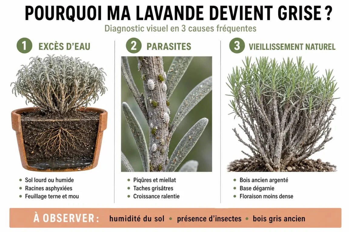 Infographie des causes et solutions pour une lavande qui devient grise au jardin