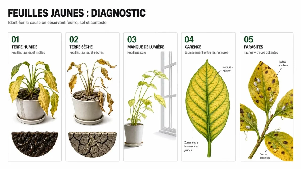 Feuille jaunissent : diagnostic visuel des causes possibles et des gestes à faire
